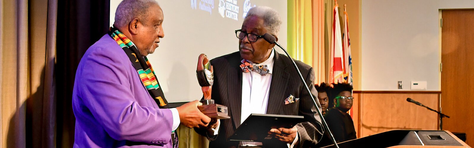 Dr. Bernard LaFayette Jr. presents the Dr. Bernard LaFayette Award for the Preservation of Black History and Heritage to Clarence Fort for his outstanding contribution to the Civil Rights Movement.