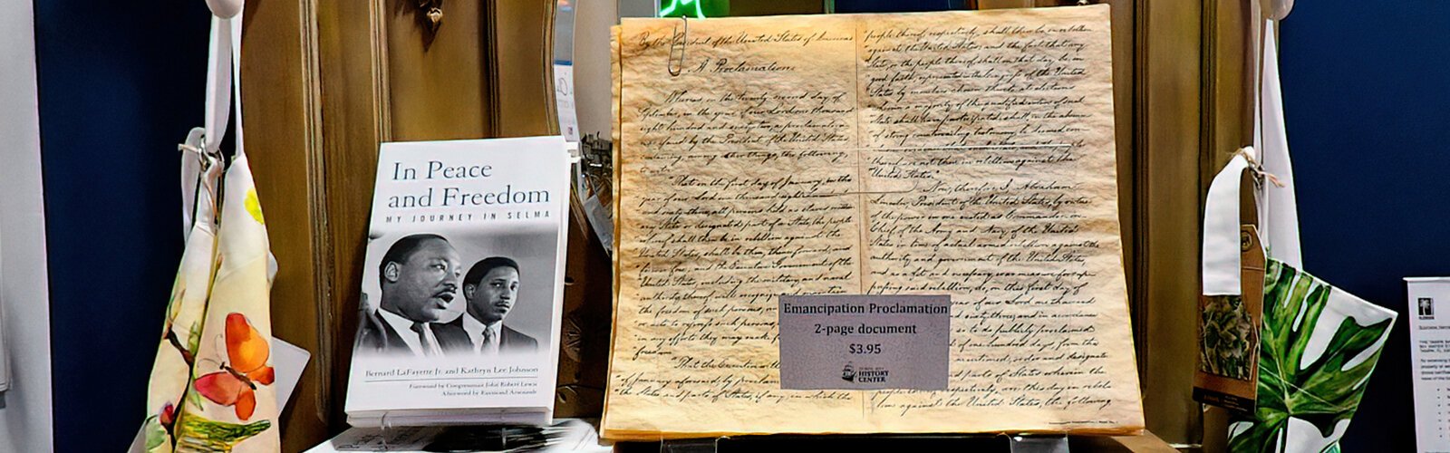 Dr. Bernard LaFayette Jr.’s book, “In Peace and Freedom: My Journey in Selma,” and replicas of the Emancipation Proclamation are available for purchase at TBHC’s museum store.