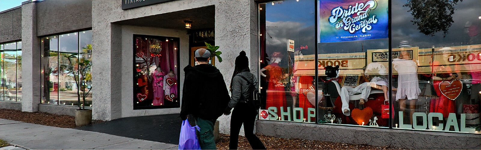 In the Grand Central District, vintage clothing can be found at Artpool, where a Pride flag is on display in the window.