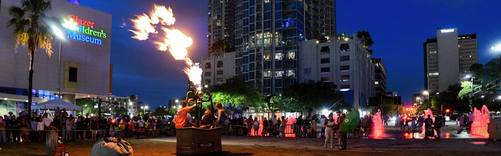 Due to unfavorable weather conditions, the Saturday Balloon Glow was transformed from an inflated balloon glow to a burner flame glow celebrating Tampa Riverfest at Curtis Hixon Waterfront Park.