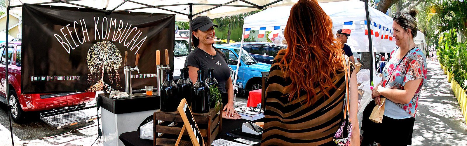 Beech Kombucha, of St Pete, is part of the weekly Gulfport Tuesday Fresh Market, selling and offering samples of traditionally brewed kombucha with unique flavor blends.