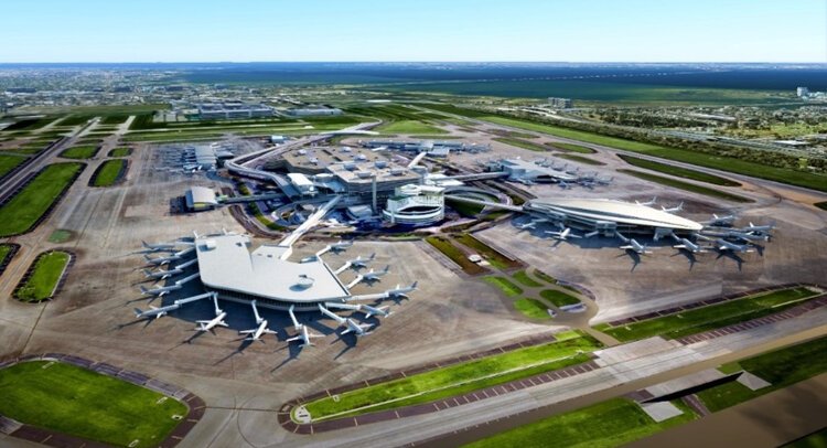 An aerial rendering of Tampa International Airport that includes the planned addition of a new terminal, Airside D.