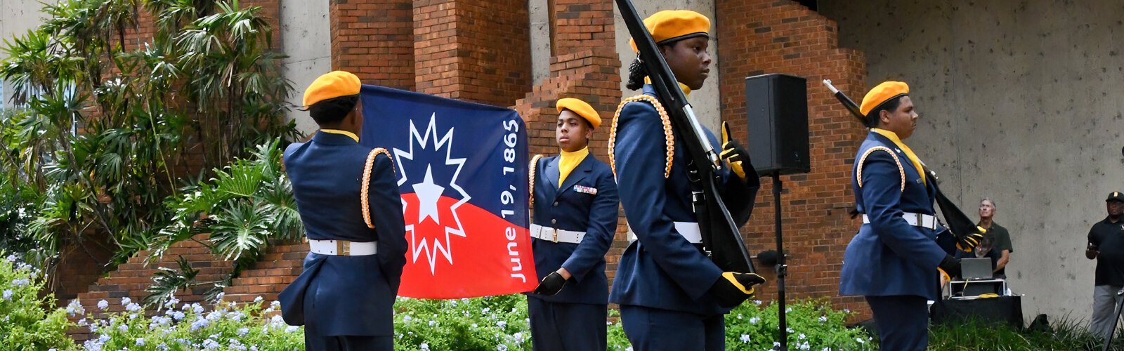 The Juneteenth flag is presented by the Blake High School Air Force Junior ROTC at the Juneteenth flag-raising ceremony on June 16th at the Old City Hall in Tampa. 