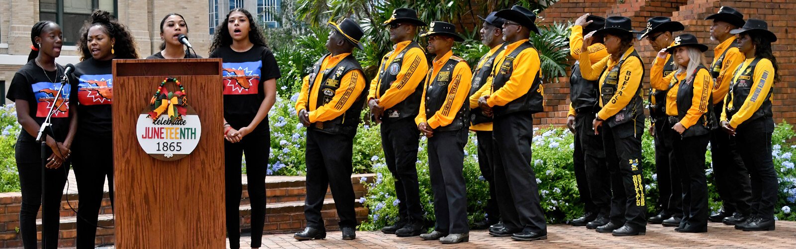 The Buffalo Soldiers, a U.S. Army regiment made up primarily of African-Americans that served on the Western frontier after the Civil War, are represented in the Juneteenth flag-raising ceremony at Old City Hall in Tampa.