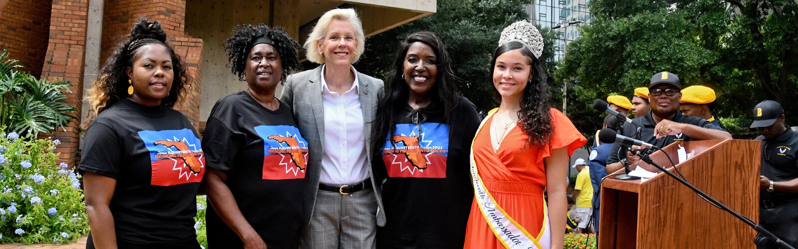 Tampa Mayor Jane Castor poses with members of the Tampa Bay Juneteenth Coalition and Juneteenth Ambassador 2023 Jarielys Carmona. This is Tampa's fourth  Juneteenth flag-raising ceremony and festival.