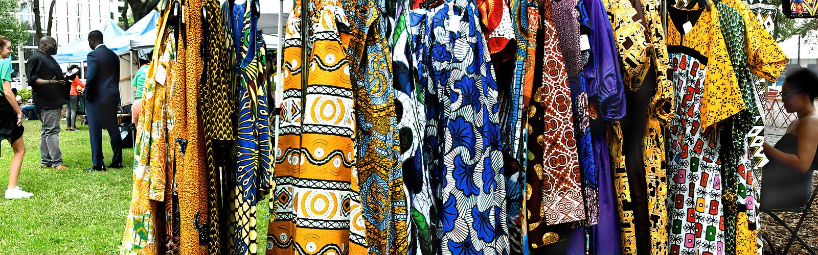 Specializing in handmade African clothing, Elijah Lee displays a wide assortment of her vibrant African prints for sale at the Juneteenth festival  in Lykes Gaslight Park in Tampa.