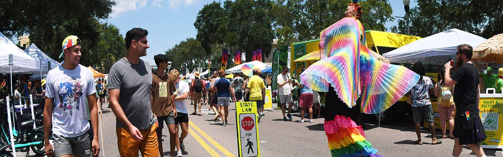 St Pete entertainer Maggie Soluna catches the eyes of Pride-goers with her skilled stilt-walking and rainbow attire.