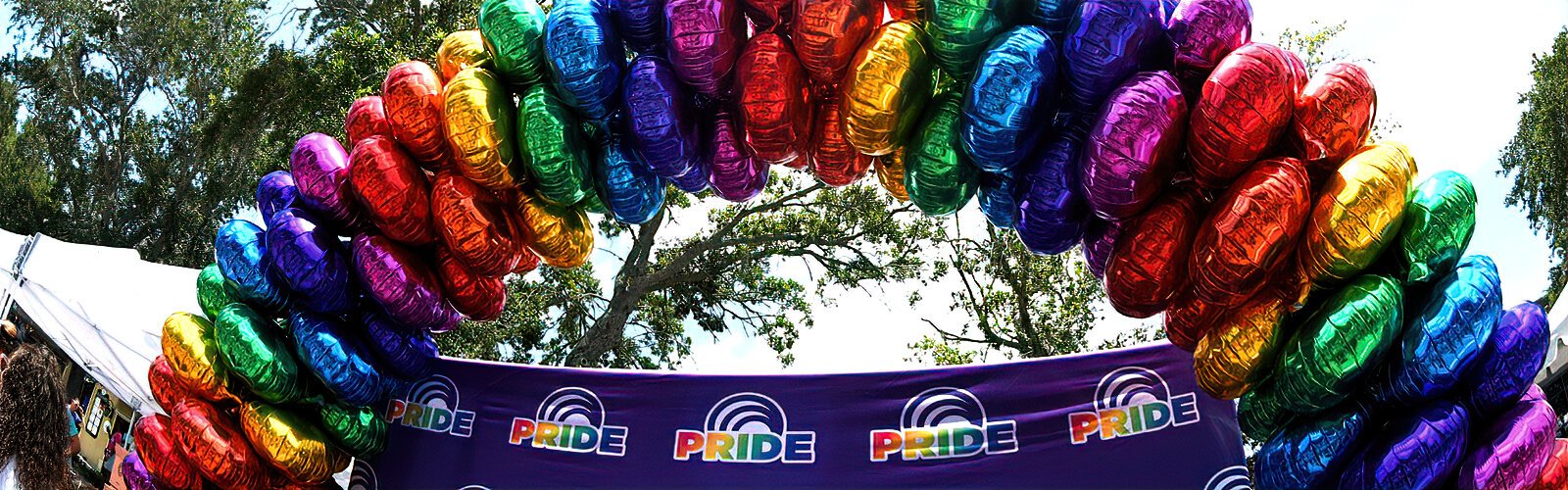A symbol of the pride and diversity of the LGBTQ+ community, rainbow colors are used in Pride Month event decorations such as these striking balloons on display at the St Pete Pride street festival.