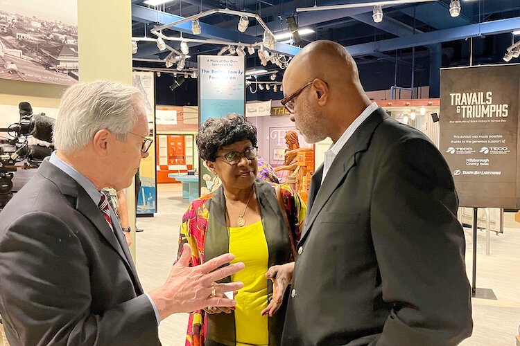 Lawyer and Philanthropist George Howell, Hillsborough County Commissioner Gwen Myers and Tampa Bay History Center board Chair Curtis Stokes at the exhibit's grand opening.