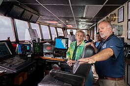 Florida Institute of Oceanography Director Monty Graham gives University of South Florida President Rhea Law a tour of the Western Flyer.