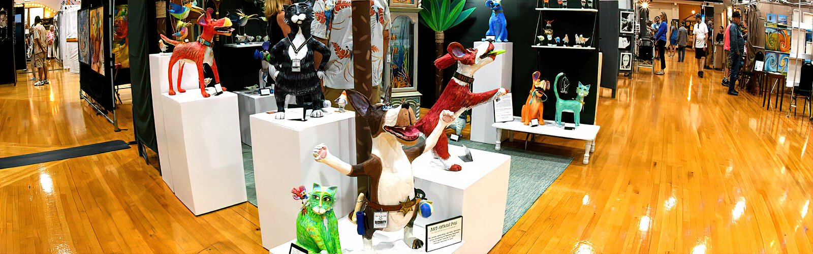 The ultimate low maintenance companions, the playful Art-Official Pets of St. Petersburg recycling artist Joyce Curvin greet visitors to her corner booth at PAVA’s Cool Art Show at The Coliseum in St. Petersburg.