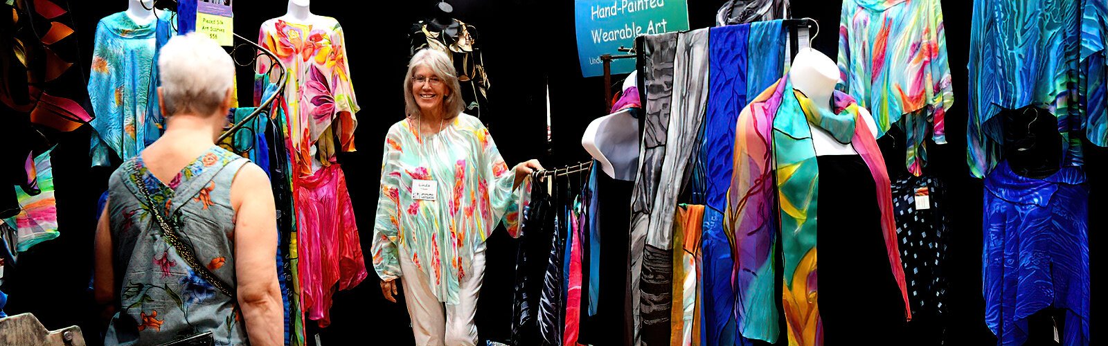 Textile artist Linda Tilson, who teaches various classes at the Venice Art Center, displays her one-of-a-kind hand-painted vibrant silk creations that are functional, wearable pieces of art.