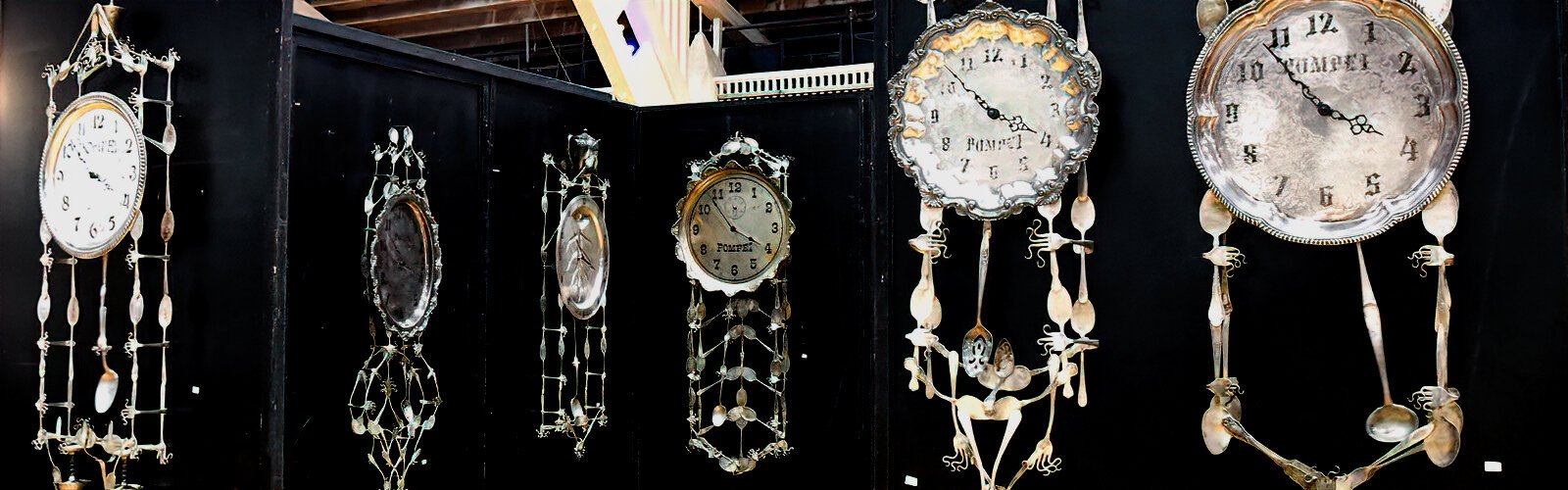 Created from silverware and metal by hand forming, soldering and welding, the unique clocks of sculptor Vincent Pompei keep good track of time at PAVA’s Cool Art Show.