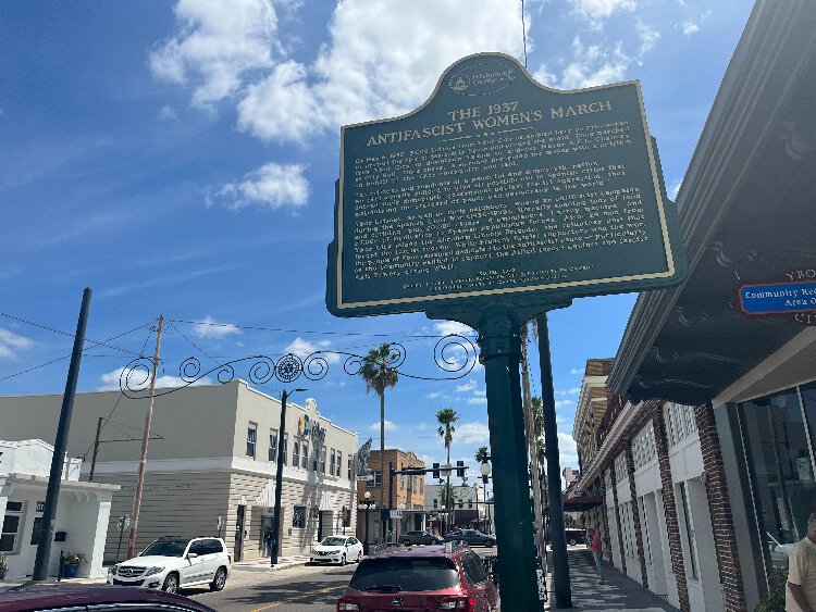 A Hillsborough County historical marker on the 2000 block of East Seventh Avenue commemorates the 1937 antifascist women's march.