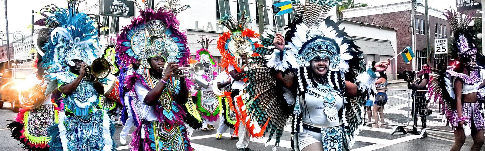 The Desert of the Bahamas marching band performs with gusto as the last group in the AEAONMS Imperial Session Parade, held August 23rd in Ybor City.