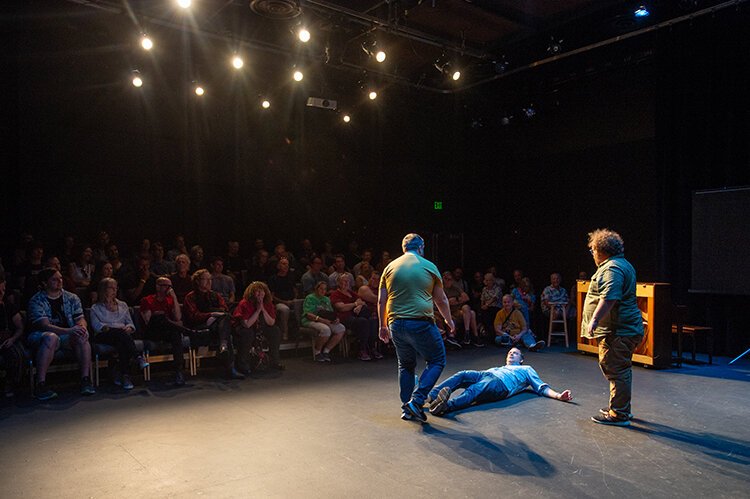 The Madison, Wisconsin-based improv trio Camera, which includes Griffin Lowmaster, Jon Hendrix and Steve Wyeth, performs in the Studio Theatre at Hillsborough Community College’s Ybor City campus during the 2023 Countdown Improv Festival.