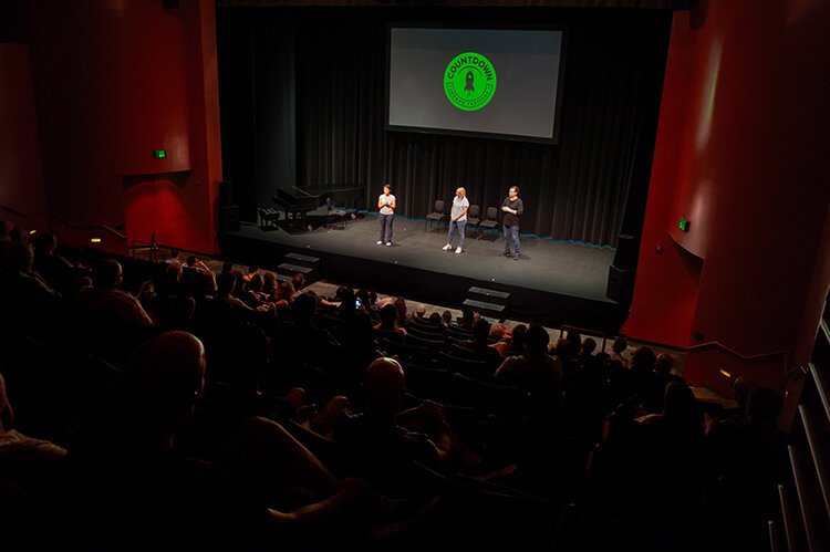 The improv trio Wisenheimer, Leslie Mitchell, Jen Kuhle and Jeff DeLeon, performs in the Mainstage Theatre at the HCC Ybor Performing Arts Building during the 2023 Countdown Improv Festival.