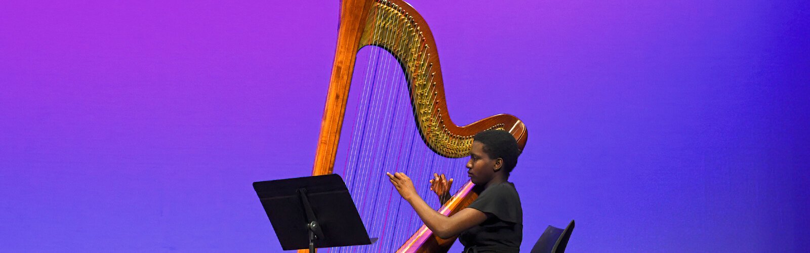 Ashley Cox, of the Hillsborough Community College Music Department, performs at the harp for a solo musical piece on stage at the New Tampa Performing Arts Center.