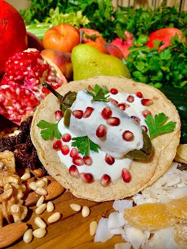 Chiles en Nogada, a specialty traditionally eaten during the month of September to commemorate the independence of Mexico (September 16th).