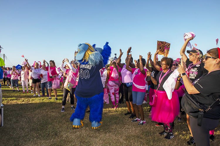 Tampa Bay Rays mascot Raymond fires up the crowd at the American Cancer Society's Making Stride Against Breast Cancer Walk at Raymond James Stadium.