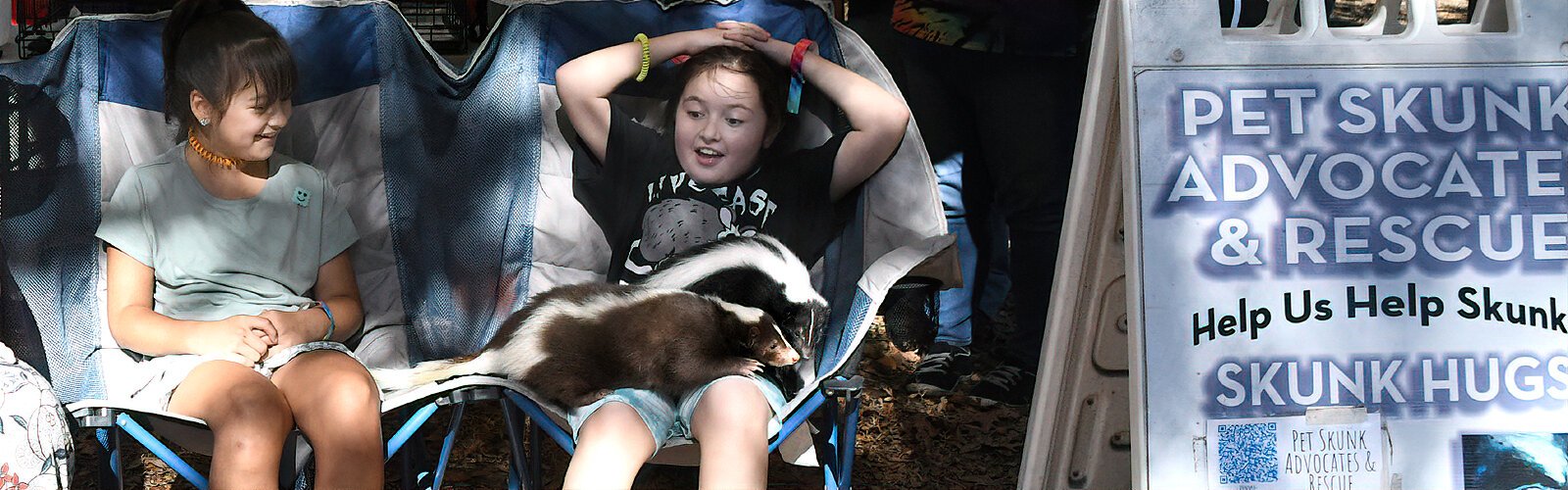 Brooklyn, 9, and Freya, 10, delight in the company of two lively skunks from the Pet Skunk Advocates & Rescue facility in Pinellas County.
