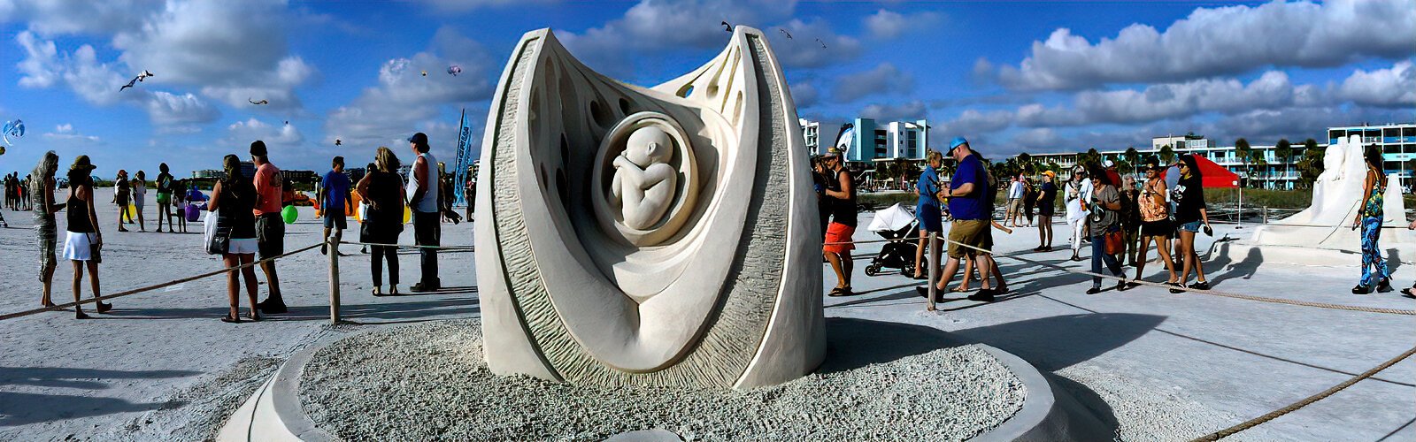 “Gestation,” by sculptor Fergus Mulvany of Ireland, can be admired at the Sanding Ovations international exhibition, which has an encore weekend at Treasure Island on November 25th and 26.