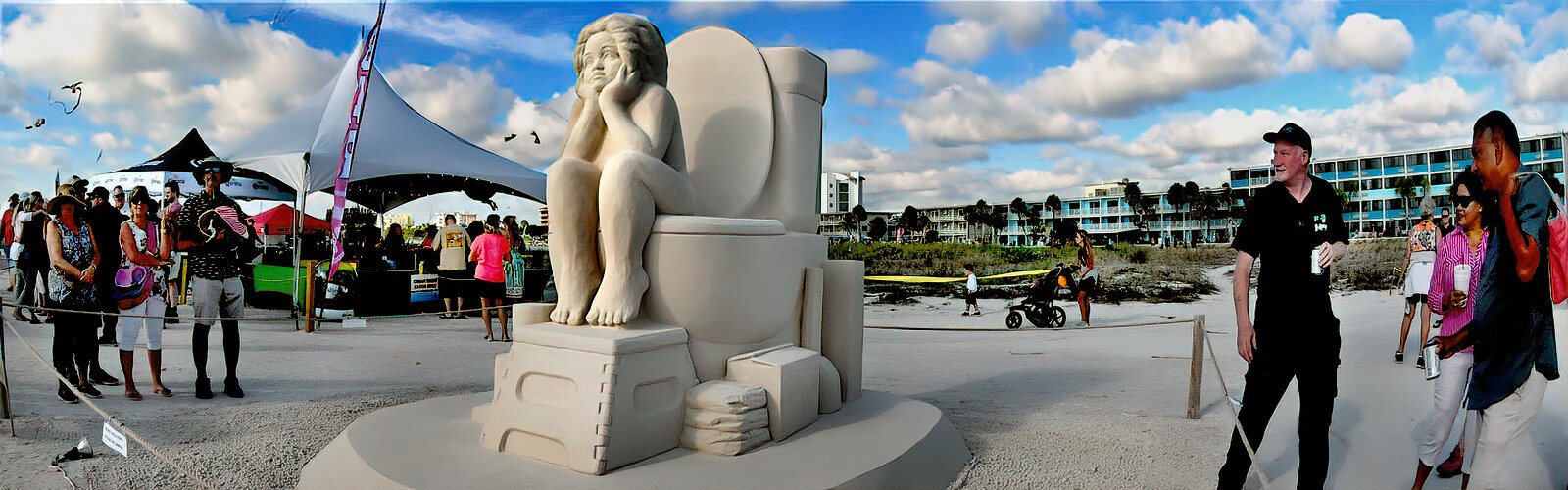 “It’s About Time" by Sue McGrew  of Tacoma WA brings smiles from spectators at the Sanding Ovations Master's Cup this November. Every sculpture is made of solid sand and water.