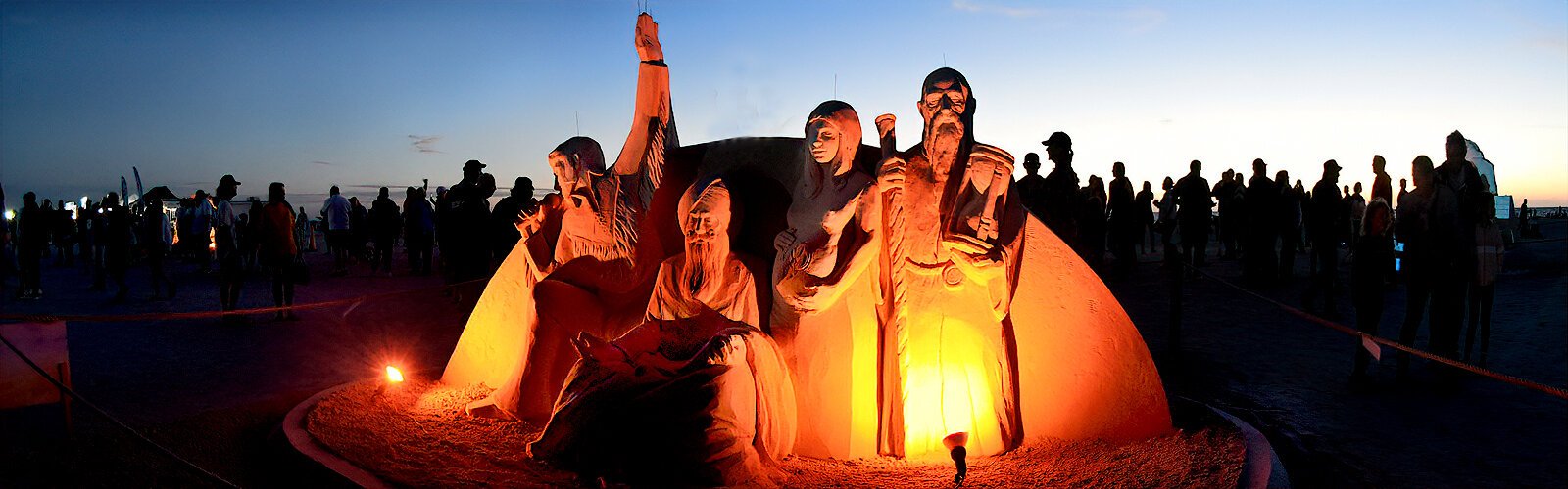 An amusing play on words “Presley, Sage, Rosemary and Time” describes the sand sculpture of personalities and concepts created by Abe Waterman of Canada and Benoit Dutherage of France.