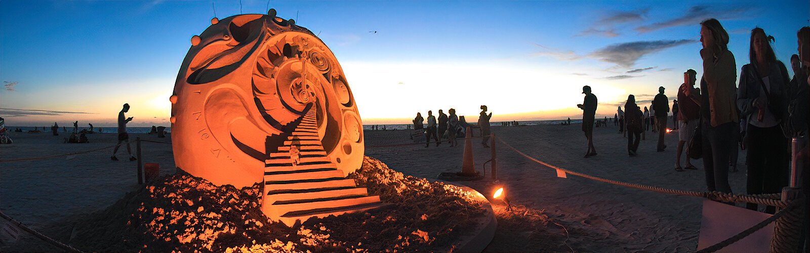 Sunset brings us to “Infinity,” which Canadian artist Jonathan Bouchard created for the annual Sanding Ovations exhibition on Treasure Island in Pinellas County.