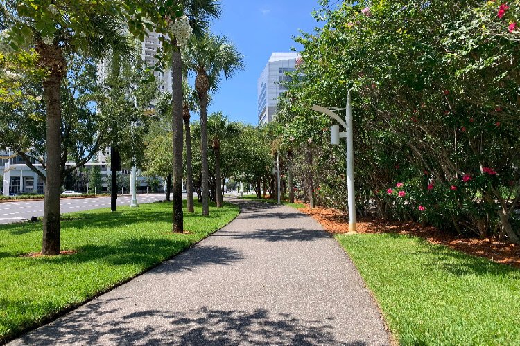 The 1.7-mile Selmon Greenway bicycle and pedestrian trail runs from downtown near the Hillsborough River through the Channel District to Ybor City.
