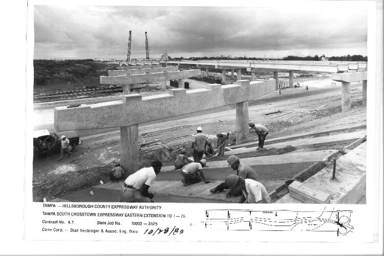 Historic photo of the construction of the Southern Crosstown Expressway, which is now known as the Lee Roy Selmon Expressway.