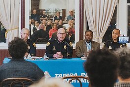 Tampa Police Chief Lee Bercaw and department leaders during a community town hall meeting to discuss the response to the Ybor City shooting over Halloween weekend.