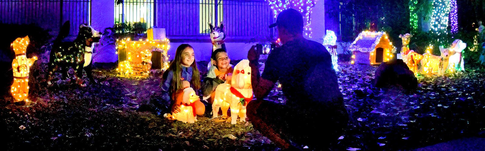 Soraya, 8, and Marek, 6, wanted to have their picture taken with the lighted figures of poodles at the Holiday Lights of the Florida Botanical Gardens.