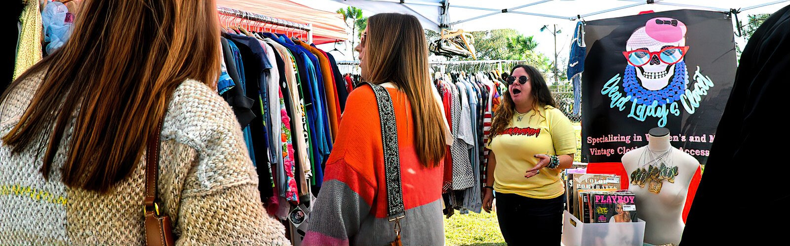  At the Indie Flea St. Pete, Heather encourages patrons at her Dead Lady’s Closet to go through an array of exciting secondhand vintage clothes for men and women.