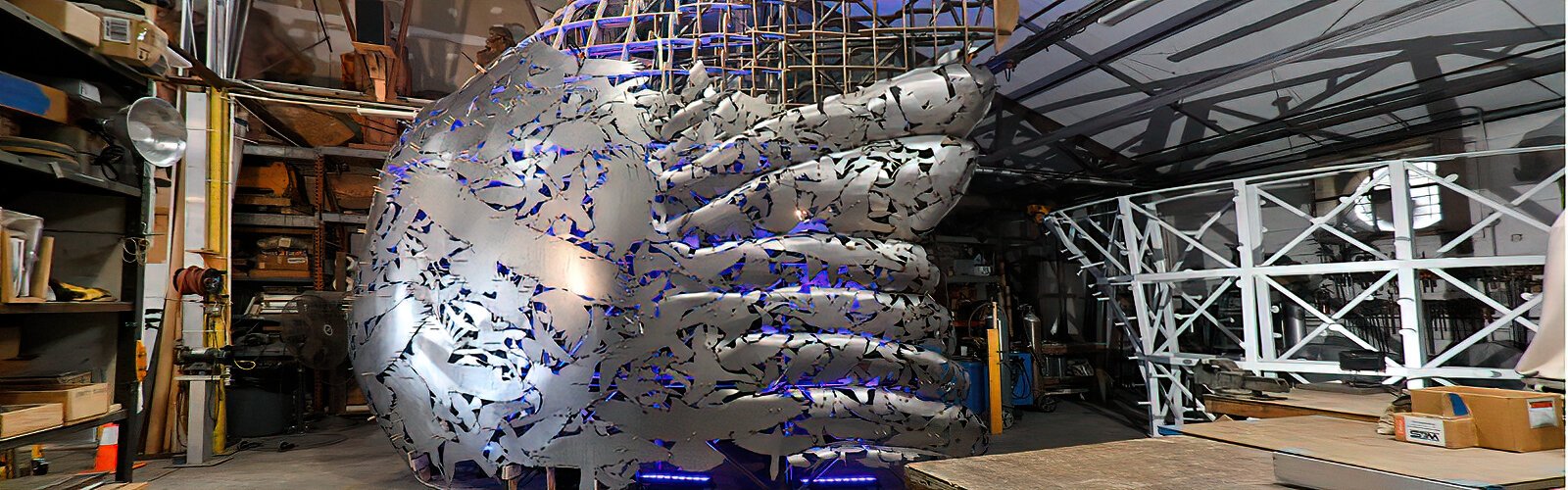 A work in progress in the M.G.A. Sculpture Studio, the 45-foot-tall stainless steel sculpture of a wing is the creation of sculptor Mark Aeling and lead designer Alex Kaufman.