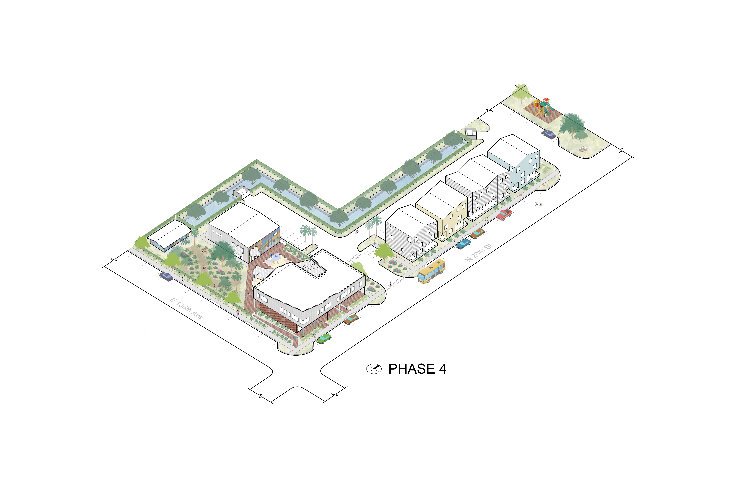 This conceptual rendering shows how the University Townhomes, The Warehouse and other community elements will come together adjacent to Harvest Hope Park.