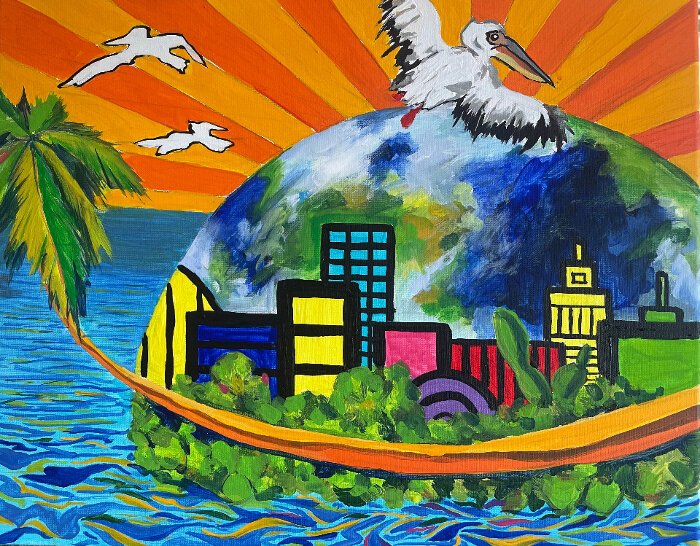 On Sunday, April 7th, Gulfport artist Hao Penghe will celebrate Earth Day by leading a community mural painting project. Adults and children wil help paint a 15-foot by 10-foot mural on the side of Penghe’s Grounded Gallery, 5012 Gulfport Blvd.