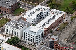 An aerial view of Casa Gomez and Casa Marti, the new office and apartment developments at the western gateway of the Ybor City Historic District.