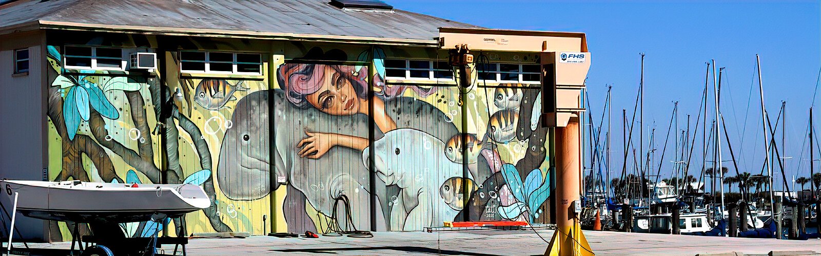  “Mangroves and Manatees," a mural artist Tatiana Suarez created for the 2020 SHINE Mural Festival, adorns one side of the St Petersburg Sailing Center in the Waterfront Arts District.
