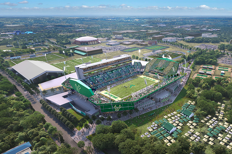 The University of South Florida Bulls football stadium will break ground in October 2024 and is expected to be completed in time for the 2027 football season.