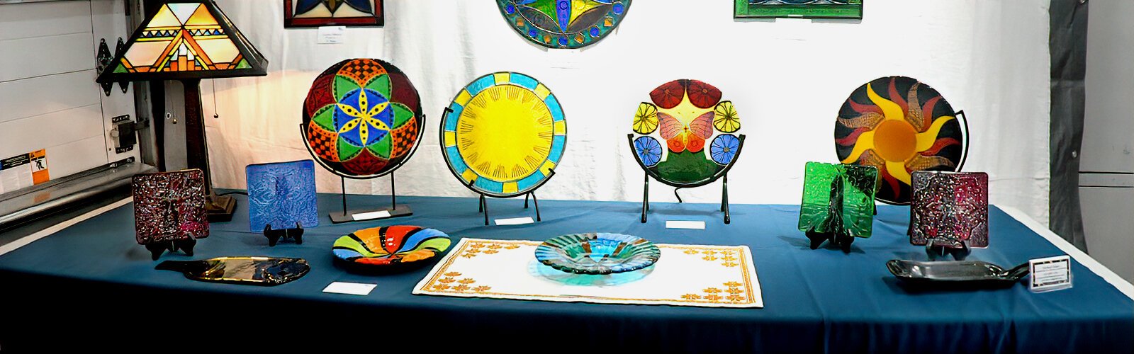 Stained glass artwork by artist Michael Baker is showcased and on sale in his working studio.