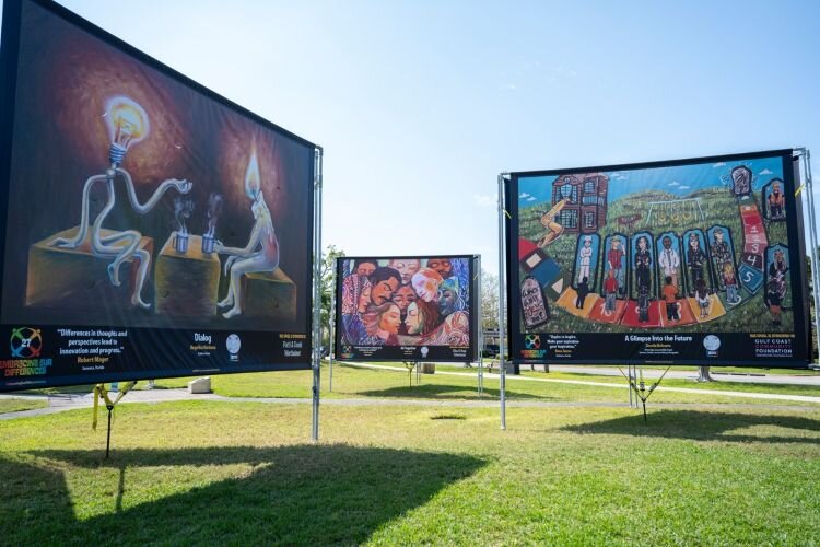 "Embracing Our Differences," an exhibit of billboard-sized artwork exploring themes of kindness, inclusiveness, and understanding, is on display at Poynter Park in St. Petersburg through March 31st and Bayfront Park in Sarasota through April 13th. 