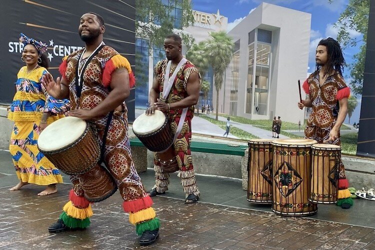 Dancers and drummers from contemporary Afropop group Wassalou perform at the groundbreaking ceremony for the Straz Center's $100 million expansion
