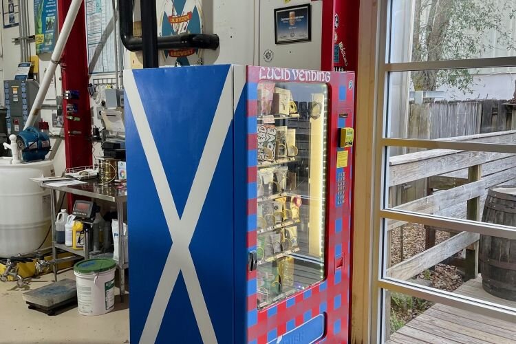 A painting of the Scottish flag on the Lucid Vending machine at Dunedin Brewery