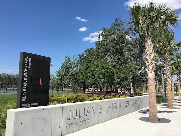 Southwest corner entrance to Julian B. Lane Park on North Boulevard.