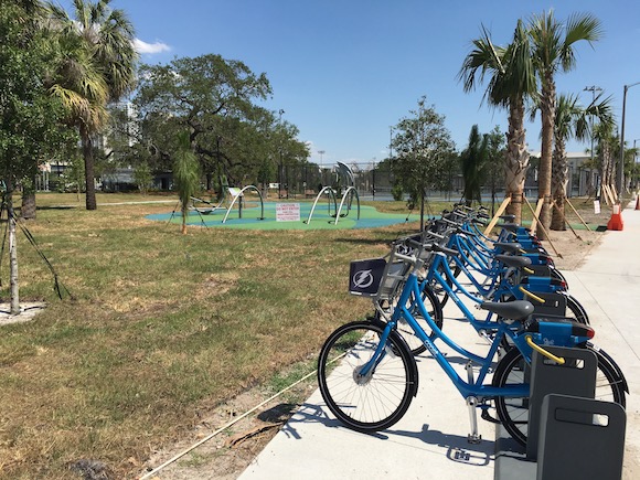 Shared bicycles await riders at new Lane Park in West Tampa.