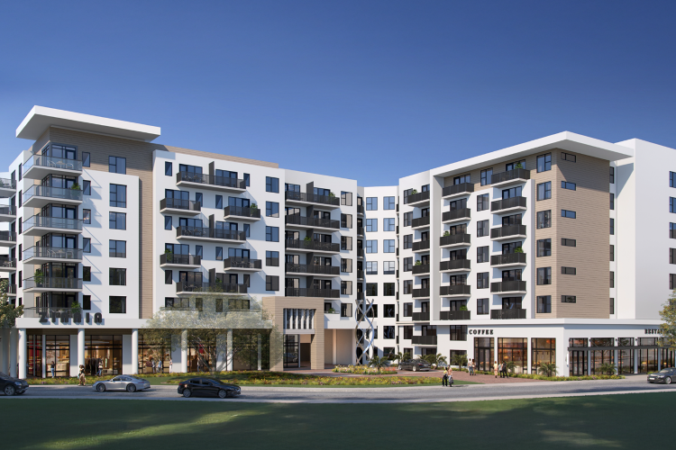 A rendering of MetWest Residential, a 375-unit luxury apartment complex under construction and scheduled to open in 2026.
