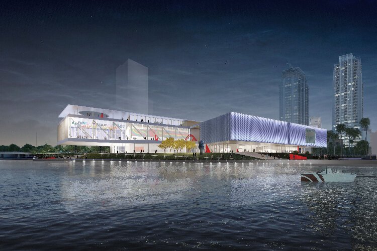 Night view from the river of the Tampa Museum of Art Centennial Capital Campaign for Renovation and Expansion