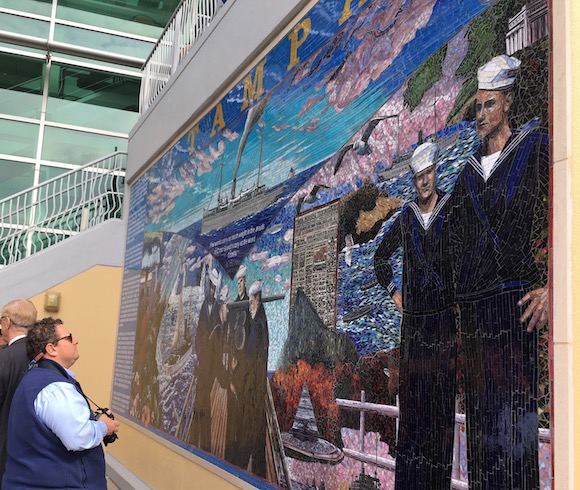 A glass mosaic mural honors USS Tampa at Tampa Bay History Center. 