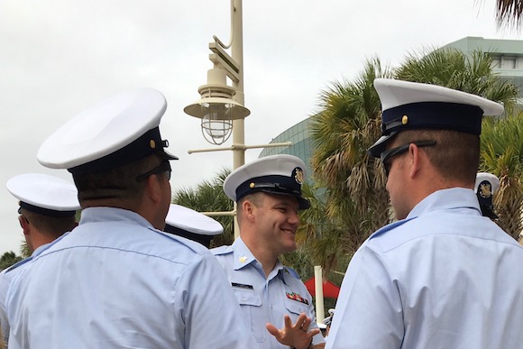 Current U.S. Coast Guard members arrive at dedication of USS Tampa.